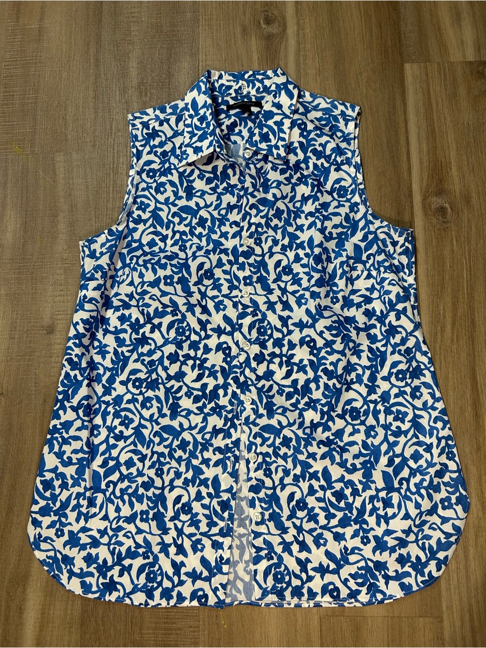 Lands' End Blue and White Sleeveless Button-Down Shirt